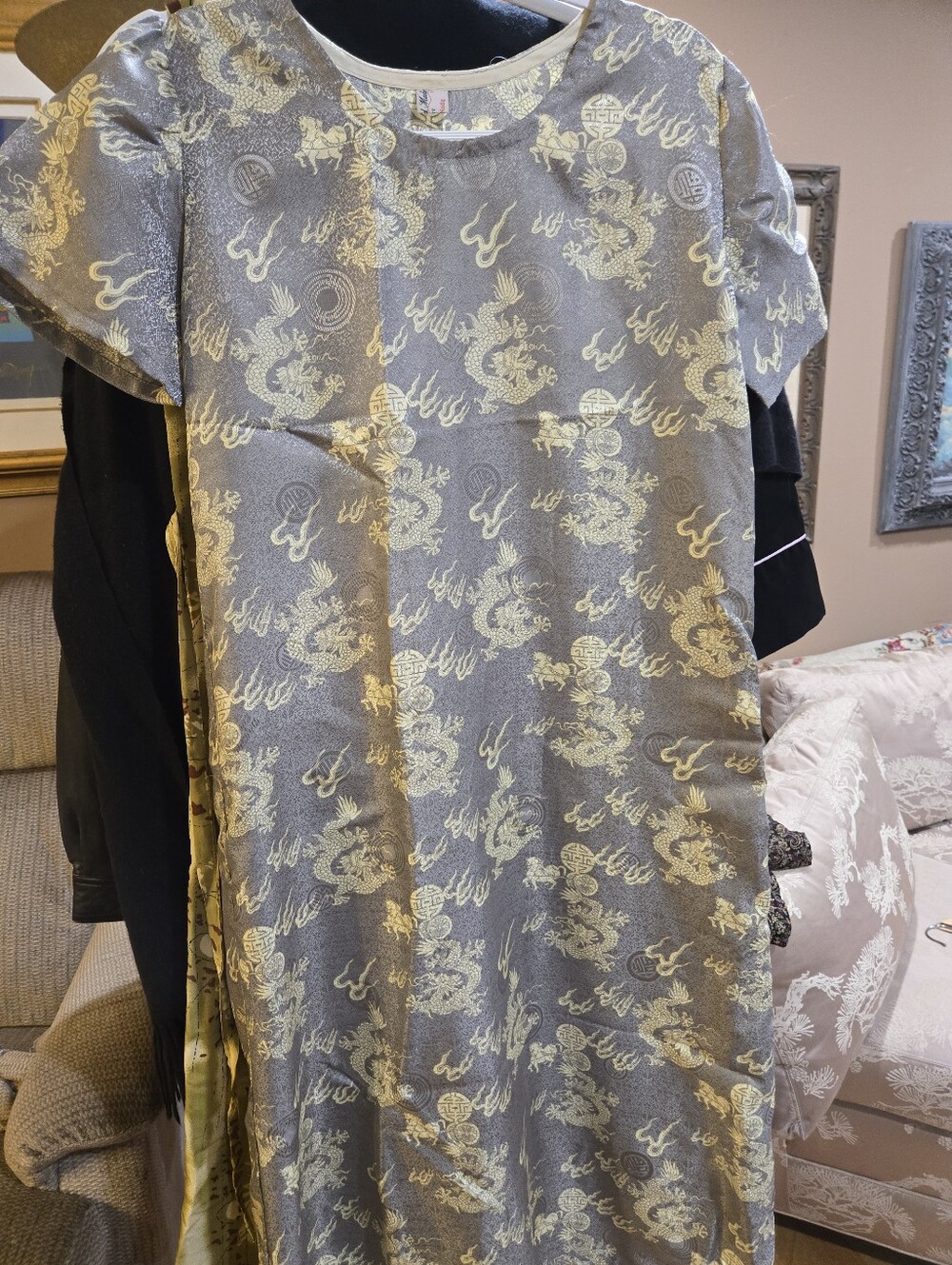 Vintage Dragon Print Hand Made Linen Dress